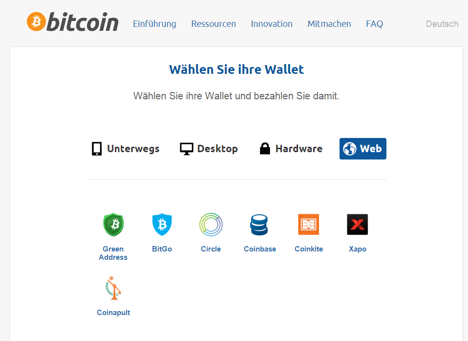 Bitcoin.org bietet einen Überblick über gängige Wallets, darunter auch Web-Services.