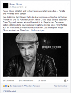 Facebook-Post zu Roger Ciceros Tod.