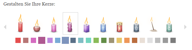 Gedenkseiten.de bietet seinen Nutzern die Möglichkeit, zwischen verschiedenen Kerzenformen und -farben auszuwählen - hier werden einige gezeigt.