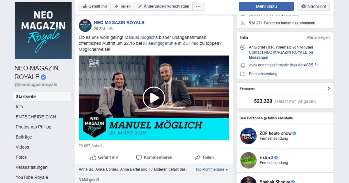 Screenshot Facebook. Neo Magazin Royale #feelingsgefühle - Manuel Möglich spielt Rest in Tweets