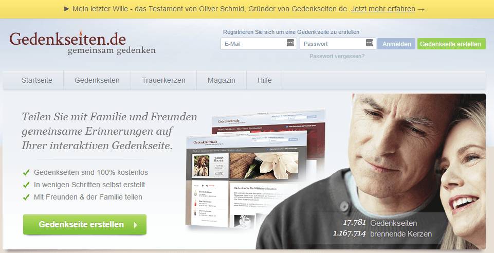 Startseite des Portals Gedenkseiten.de