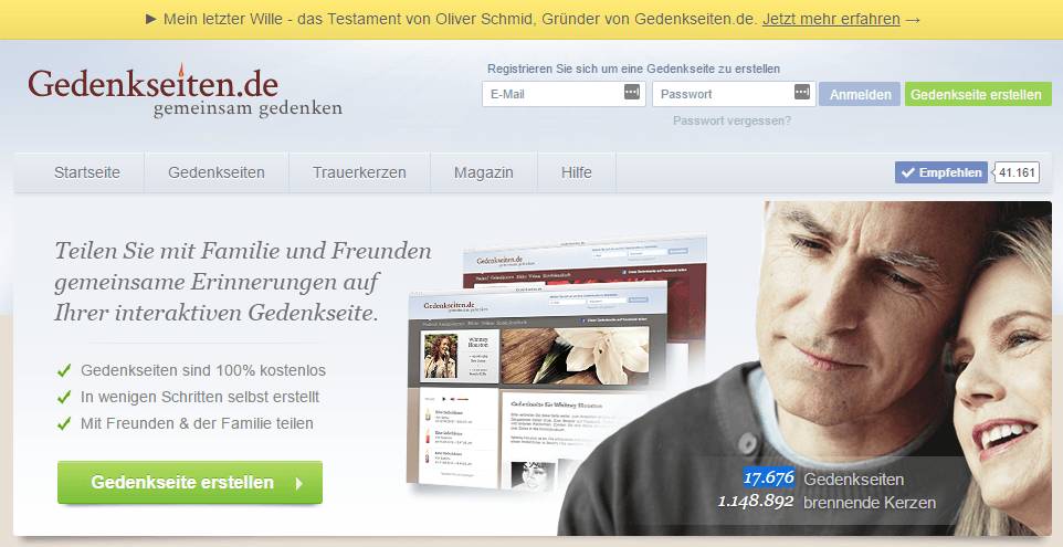 Abbildung der Startseite Gedenkseiten.de