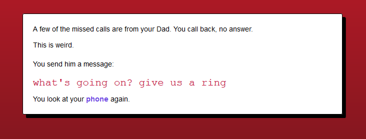 Screenshot aus Dan Hetts Hyperfiction Game „C ya laterrrr“: Du schreibst deinem Vater eine Textnachricht. 