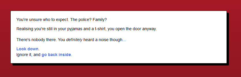 Beispiel 3: Du trittst vor die Haustür (Screenshot aus Dan Hetts Hyperfiction Game „C ya laterrrr“)